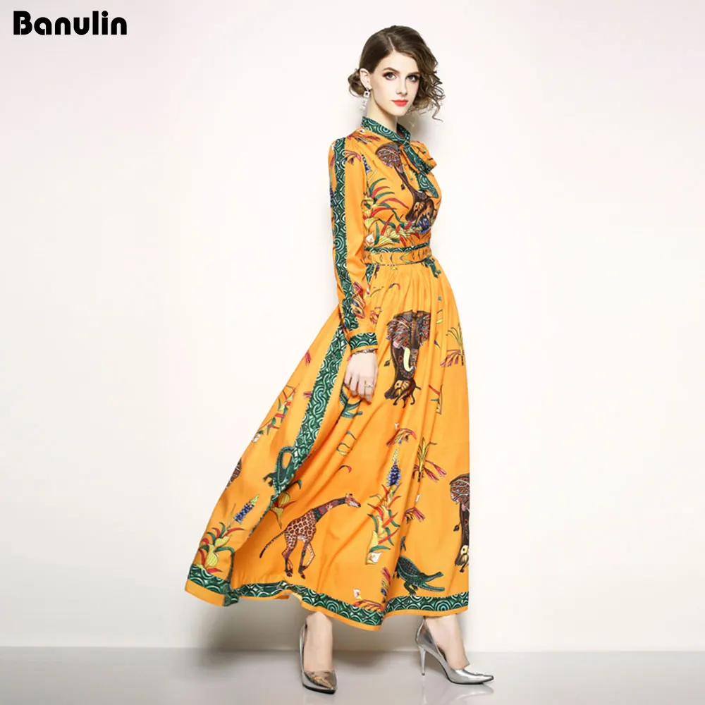 

Runway Designer Maxi Dress Women's Elegant Beach Vacation Animal Printing Long Dress Bow Collar Floor-Length Party Dresses