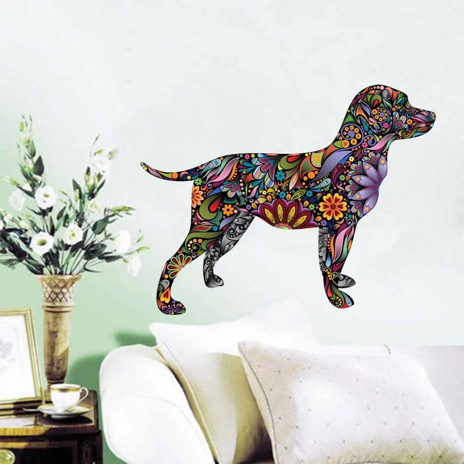 

Labrador Retriever Dog Floral Pattern Color Wall Stickers For Living Room Ethnic Unique Wall Art Decals Wallpaper Home Decor