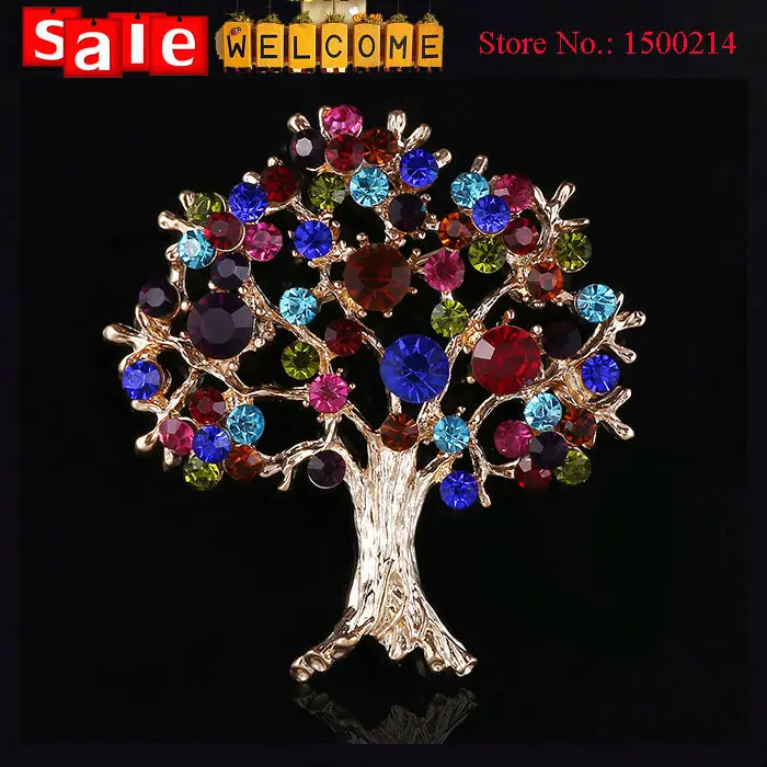 2015 Full Crystal Tree Brooch for Weddings Party Evening,Imitation Diamond Colorful Golden Silver Plated Rhinestone Big Brooch