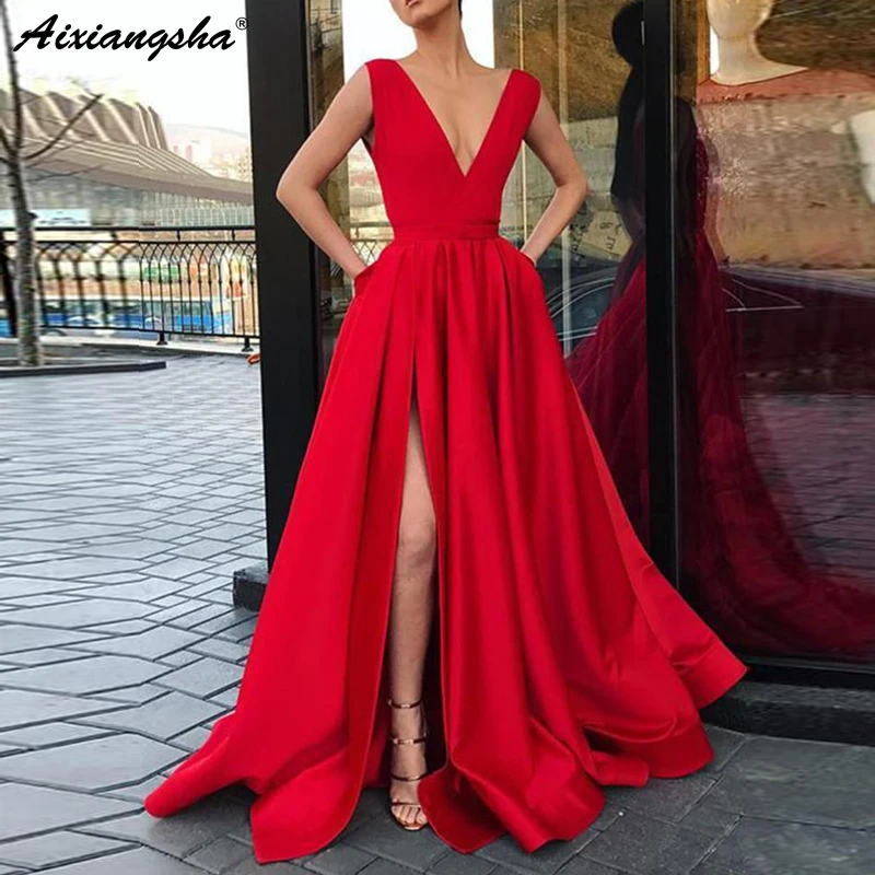 Элегантное Атласное Бордовое платье для выпускного вечера с v-образным вырезом vestidos de festa, вечернее платье с высоким разрезом без рукавов, длинное платье для выпускного вечера es