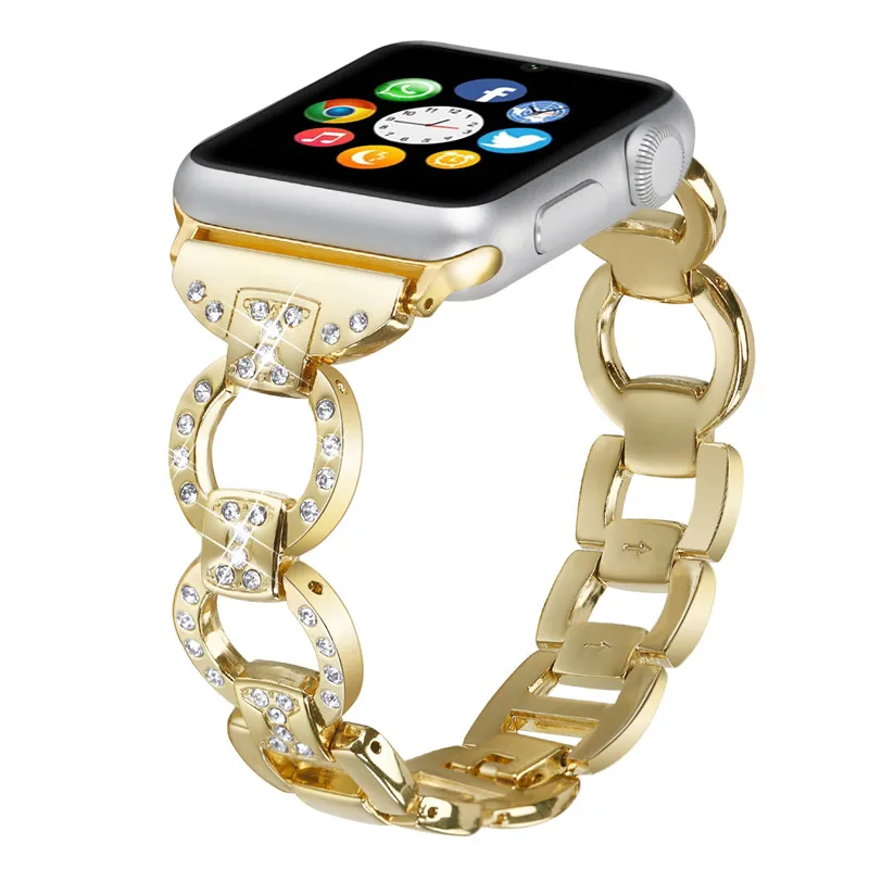 Bling из натуральной кожи часы ремешок для Apple Watch iWatch 4/3/2/1 бриллиант Стразы Нержавеющая сталь металлический браслет ремешок для наручных часов Iwatch, ремешок 82003 - Цвет ремешка: Gold