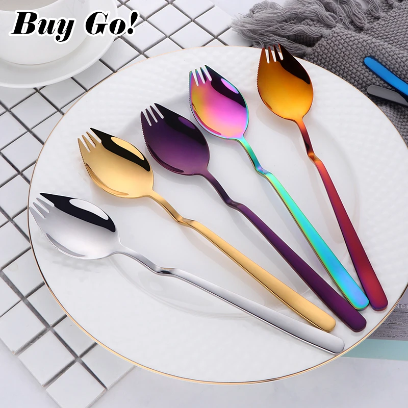 

1PCS 3 IN 1 Kitchen Dinner Fork With Special Design V Stainless Steel Sporks Dessert Fork Spoon Noodles Salad Fruit Utensils