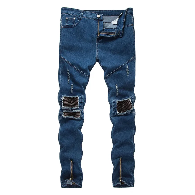 

2019 spring and summer new men's hole pleated jeans men's fashion motorcycle pants thin men's stretch stretch blue washed jeans