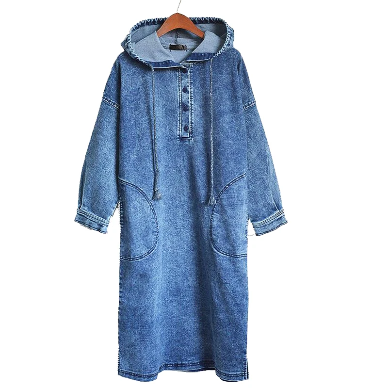 

Vintage Women Denim Dress 2019 Autumn New Loose Robe Hooded Casual Pockets Bandage Jeans DressesPlus Size HC080