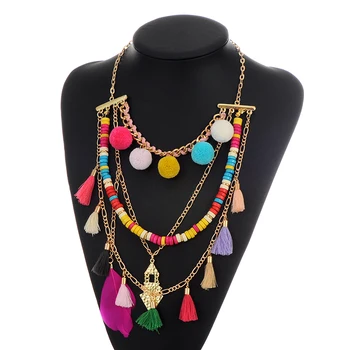 

ZHINI Fashion Statement Collar Maxi Long Chain Necklace Bohemia Multi color Tassel&feather&fuzzy Ball Decorated Simple Necklaces