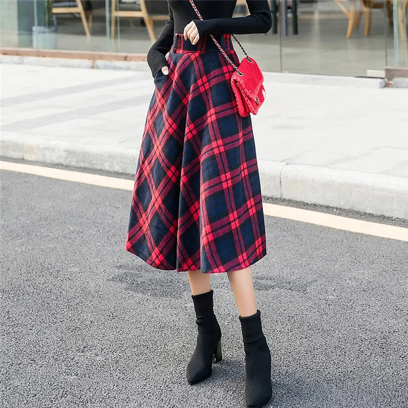 Feitong Female Womens High Elastic Waist Cotton Maxi Skirt A-line Plaid Autumn Winter Warm Straight Flare Long Skirt N15#N (9)