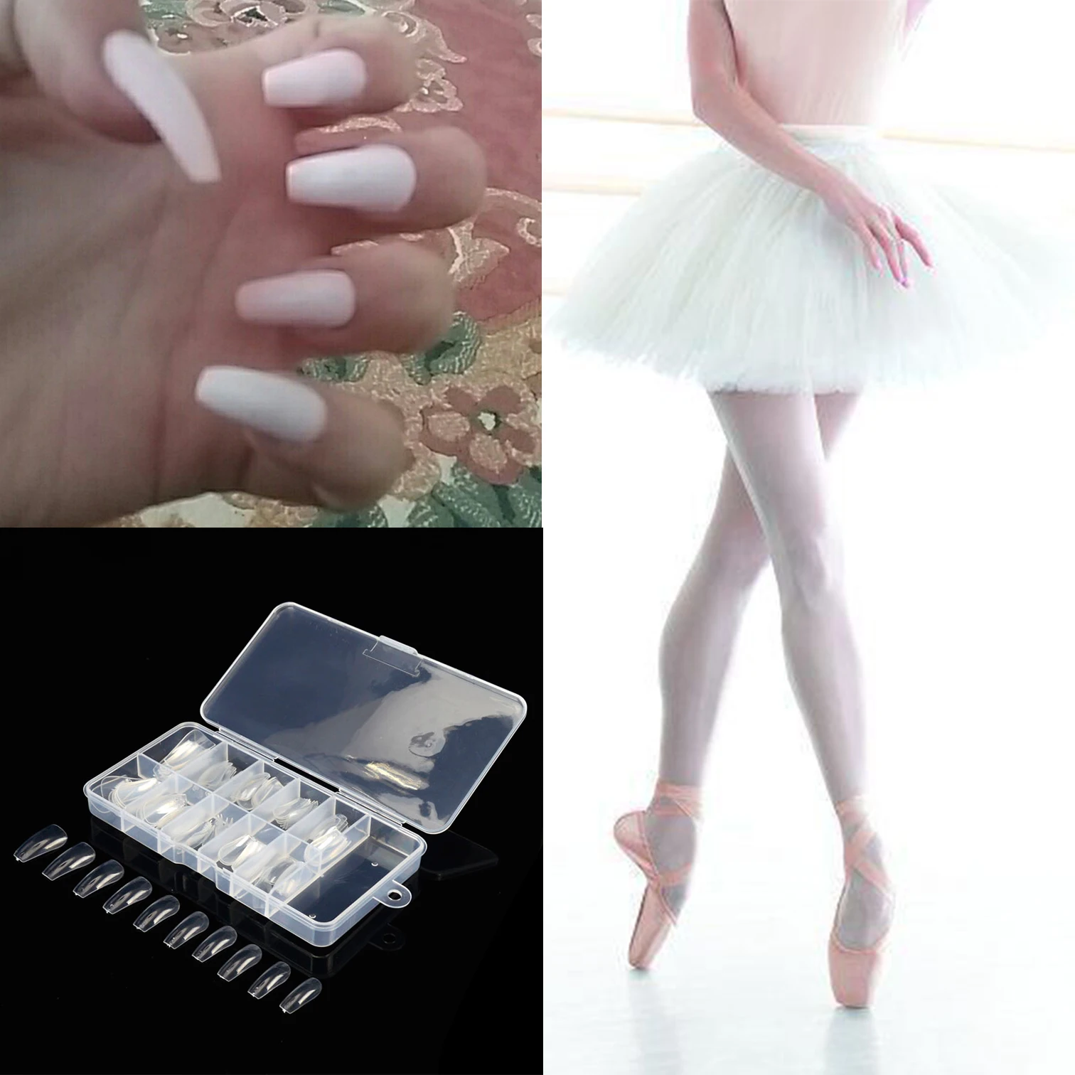 

High Quality 100 pcs/set Transparent Ballerina False Nail Tips 10 Sizes Full Cover Acrylic Ultra Thin ABS Material Nail Art Tips