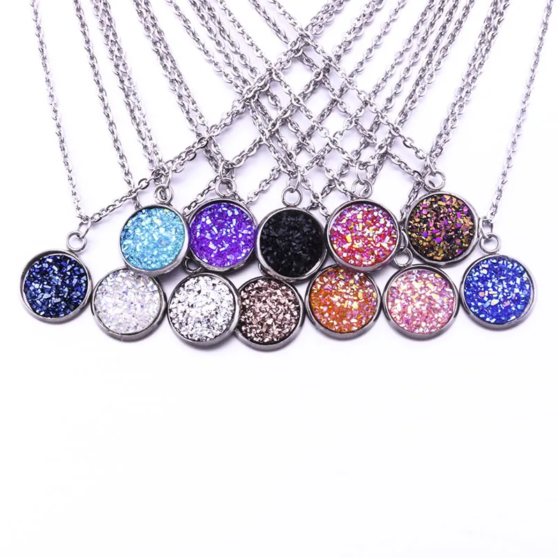 

12mm Stainless Steel Faux Druzy Drusy necklace Imitation Crystal Stone Resin Cabochon Necklace for Women Jewelry
