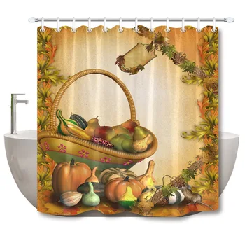 

Happy Thanksgiving Vegetable And Leafs Shower Curtain Autumn Mat Set Extra Long Waterproof Bathroom Fabric For Bathtub Decor