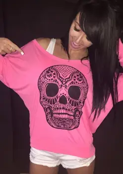 

New Women Autumn Spring Sexy Word Shoulder Long Sleeve T-shirt Skull Print Loose Casual T-Shirt Tops Ropa Mujer
