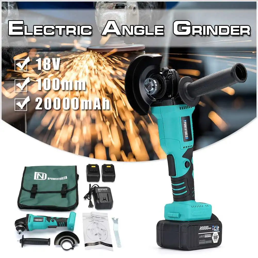 

18V Brushless Cordless Electric Angle Grinder Tool Rechargable Lithium Li-ion Battery for Home Polishing Cutting Grinding