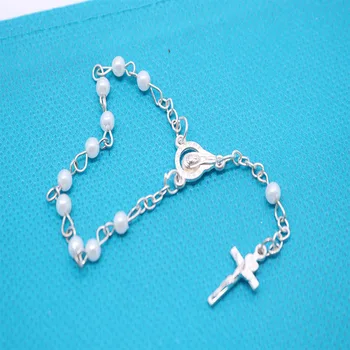 

12 Pieces / 4mm White Pearl Stainless Steel Beads Catholic Rosary Bracelet Jesus Cross Catholic Bracelet Holiday Gift