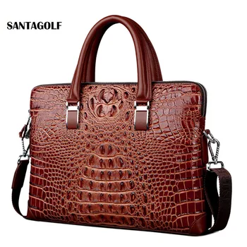 

Real Cow Leather men's briefcase Luxury Crocodile pattern cowhide leather briefcase male shoulder bag commercial business bags