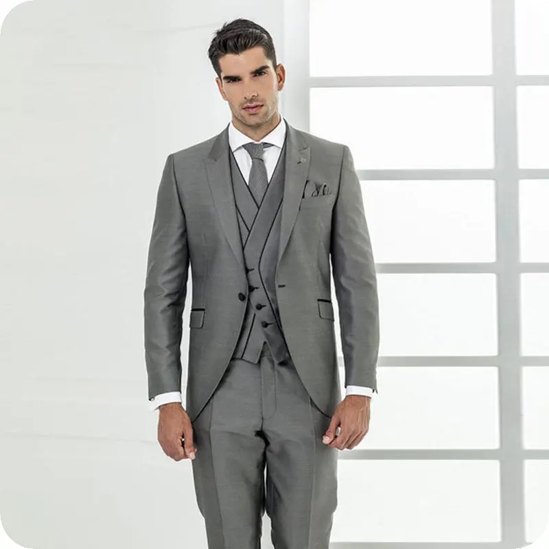 

2019 Slim Fit Grey Men Suits For Wedding Bridegroom Groom Costume Evening Party Prom Formal Tuxedo Best Man Blazer Traje 3Pieces