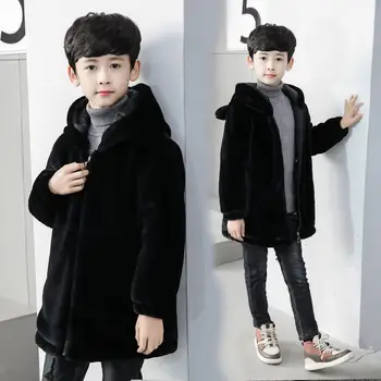 

2019 Autumn Winter Fashion Kids Boys Faux Mink Fur Jackets Children Boys Hooded Zipper Thick Warm Coat Teenage Black Outwear F06