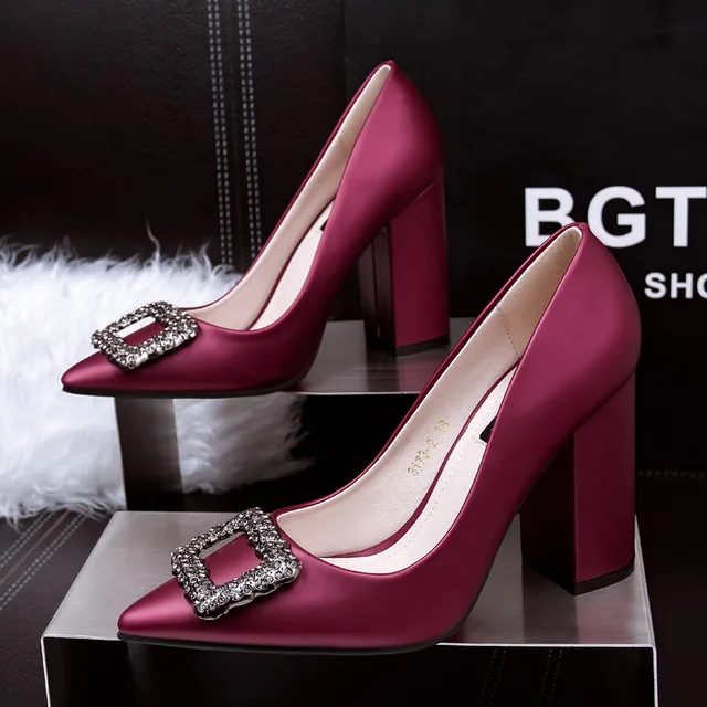 New Pointed Toe Block Heels Rhinestone Shoes Woman Autumn 2018 Purple Black High Heel Pumps Women Office Wedding Shoes