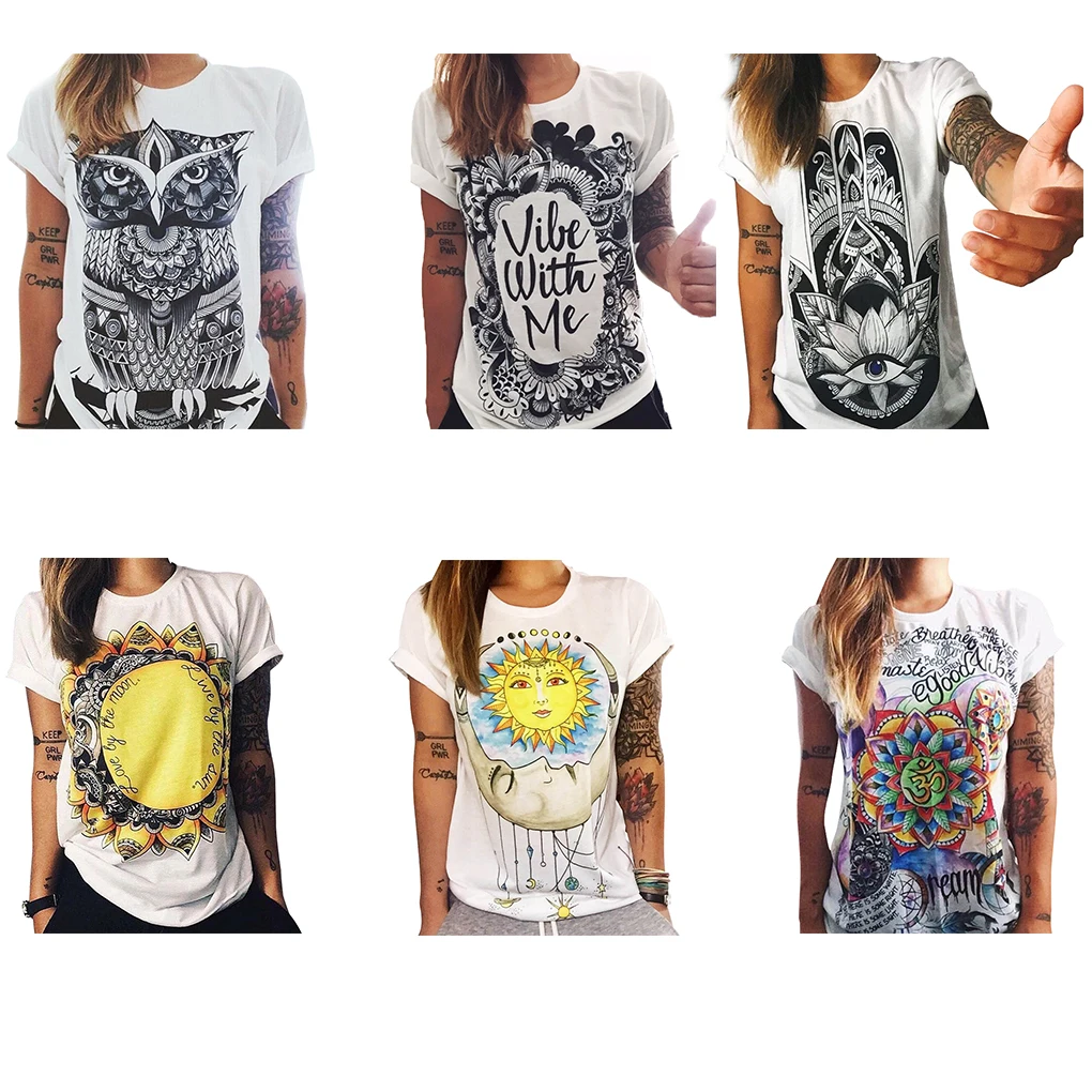 

Women Owl/Letters /eye Graffiti Print T-shirt Loose Solid Color Round Neck Short-sleeved T shirt Plus Size Fashion Tees Tops