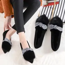 Известный бренд; Цвет черный, белый; украшенная бантом обувь на плоской подошве; женская зимняя плюшевая обувь; лоферы на плоской подошве с мехом норки; женские мокасины на плоской подошве