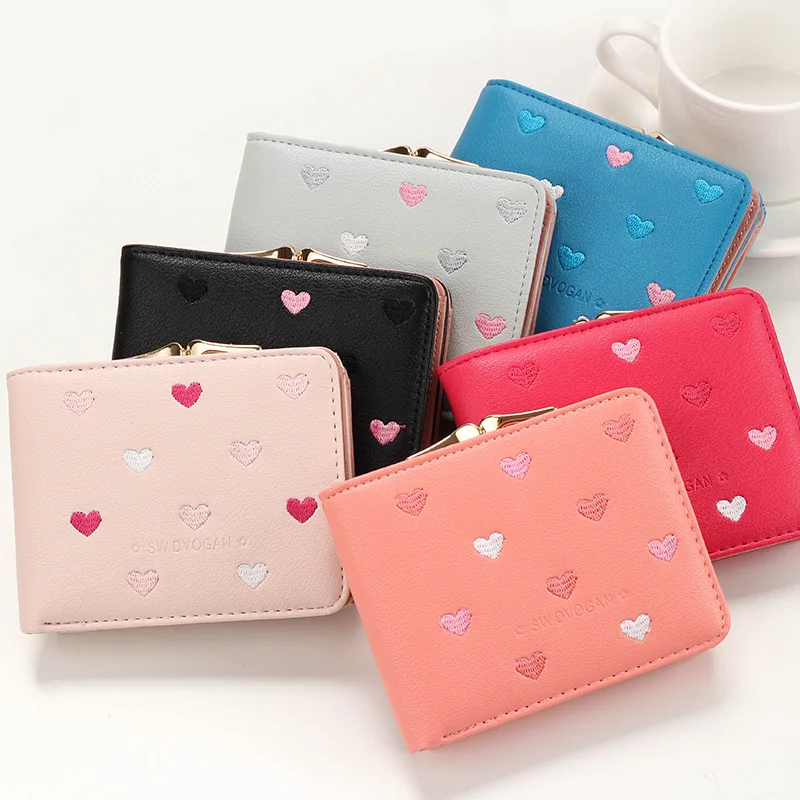 

Japanese Multi-function Women's Mini Wallet Candy Color Heart-shaped Embroidery Women Short Wallet Cute Coin Purse Card Package