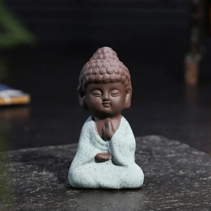 MagiDeal Set de 4 Piezas Estatua de Pequeño Monje Buddha de Cerámica Mascota Bandeja de Té Decoración de Hogar 
