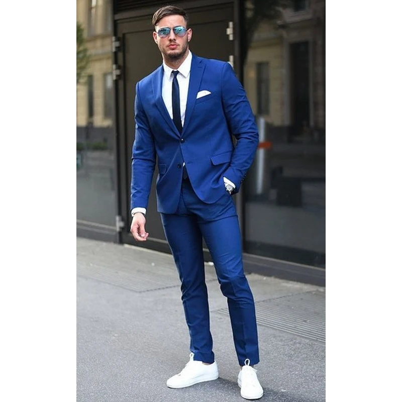 azules de dos botones a medida para hombre, diseño de moda, esmoquin para hombre de negocios, traje para fiesta de graduación, estilo ajustado, chaqueta + Pantalones, 2019|Trajes| - AliExpress