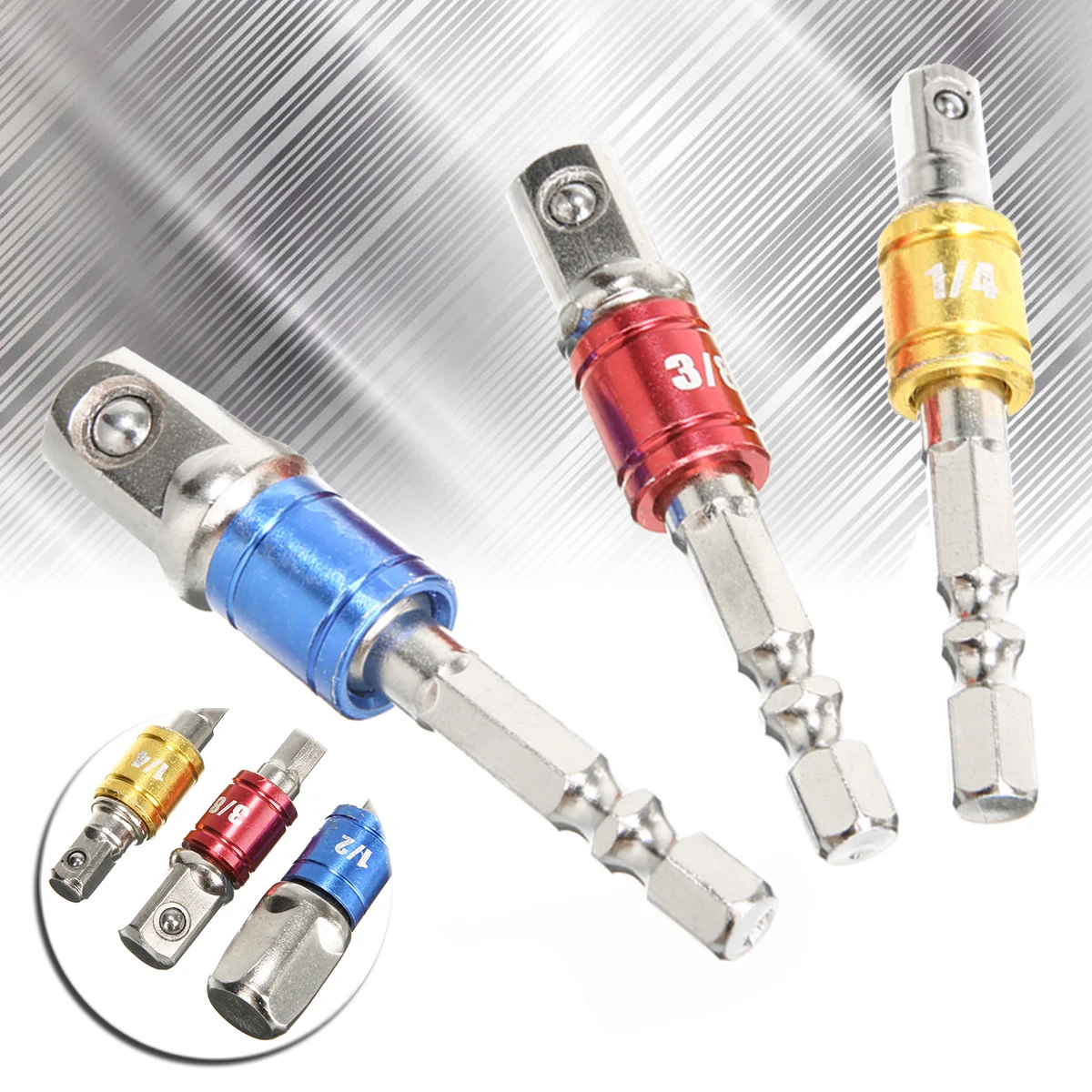 3pcs/set Steel 1/4" Shank Impact Drill Socket Adapter Converters To 1/4″ 3/8″ 1/2″ Driver Universal Sleeve Connecting Rod