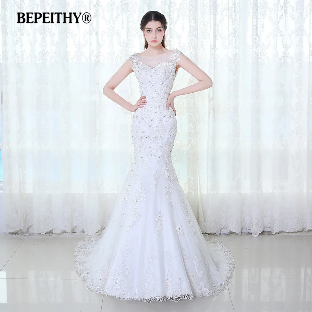 

BEPEITHY Cap Sleeves Lace Wedding Dress Vestido De Novia 2019 Vintage Mermaid Bridal Dresses Sexy Sheer Back Casamento