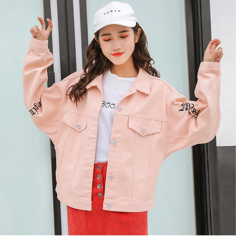 Printemps Femmes Lettre Red pink Long Kulazopper Femelle Revers Manteau Denim Yl200 black White Sleeveembroidery Color Lady khaki Automne brick Outwear Vêtements photo Nouveau 2018 Veste xYCqOdCw
