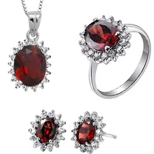 Натуральный Красный Гранат Камень Свадебные украшения комплекты гранат природный камень кольца, серьги, кулон S925 серебро Мода Круглый Для женщин свадебные