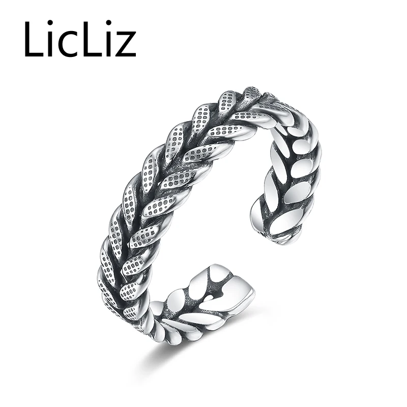 

LicLiz Adjustable Ring 925 Silver Women Mens Retro Vintage Black Braided Ring Open Cuff Olive Leaf Rings Party Antique LR0302