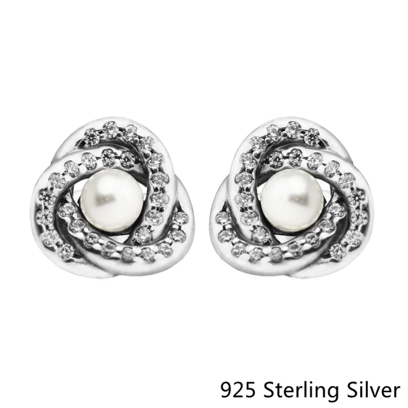 CKK 925 Sterling Silver Luminous Love Knots, White Crystal Pearl Stud