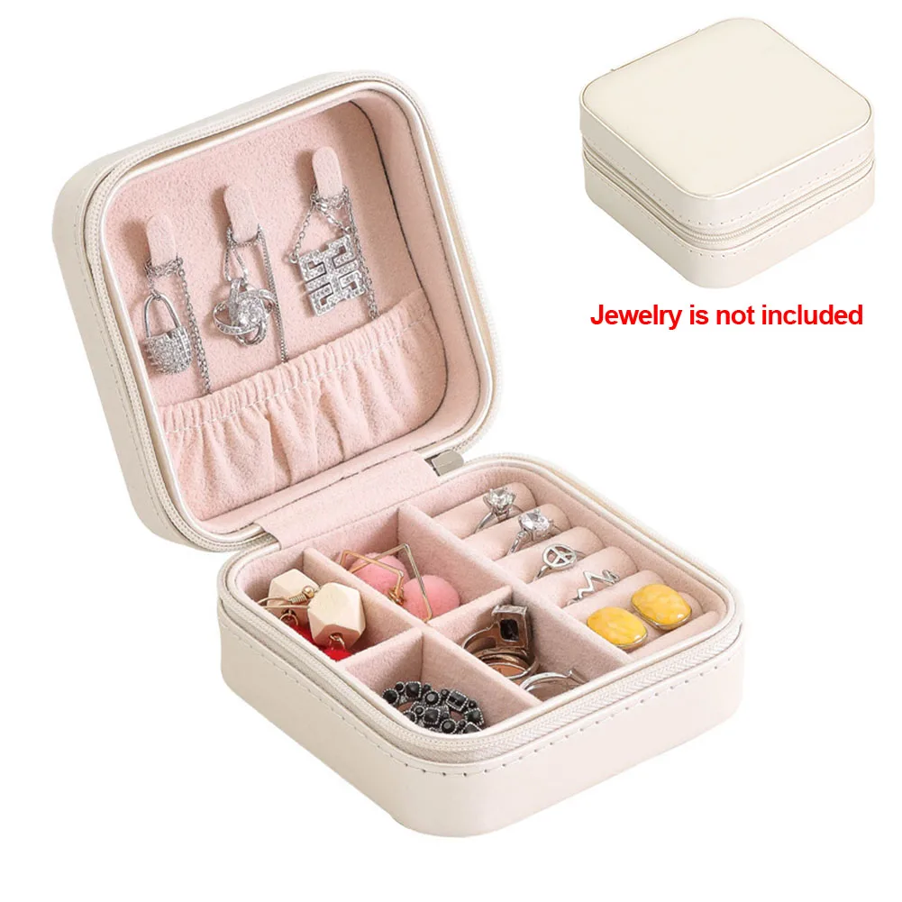 Portable Women Jewelry Organizer with Zipper PU leather Ring Earring Storage Case Necklaces Bracelet Display Box Travel Case - Цвет: Белый
