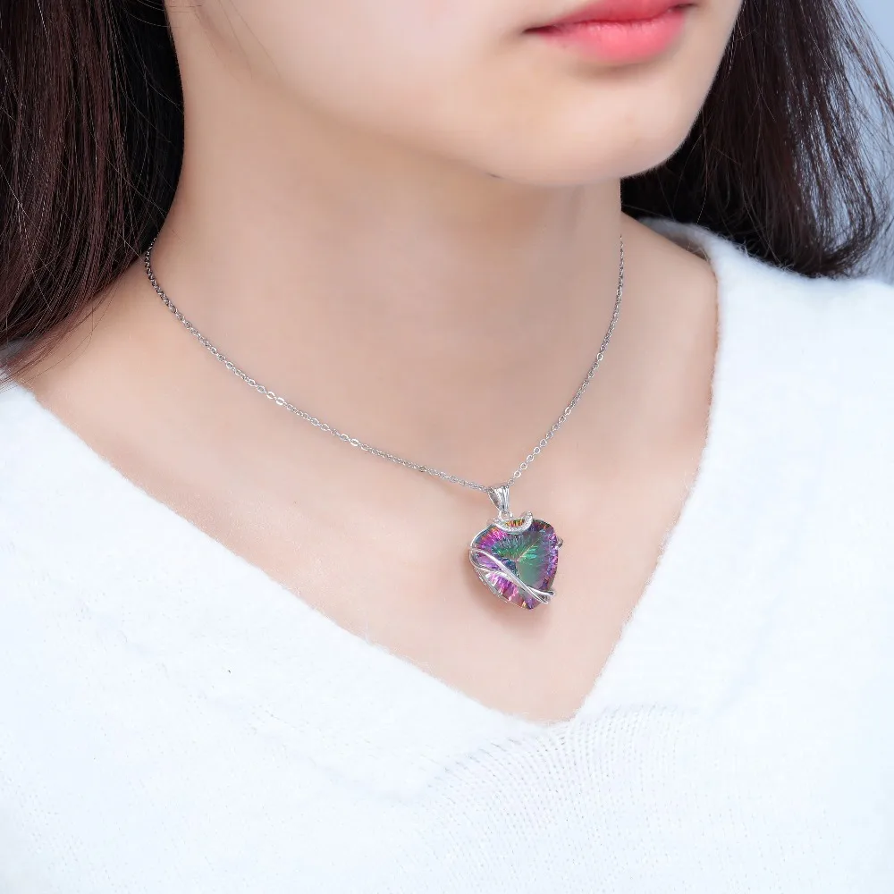CiNily Rainbow Mystic Stone Luxury Large Heart Pendants Solid 925 Sterling Silver LOVE Dangle Charm Vintage Retro Jewelry Female