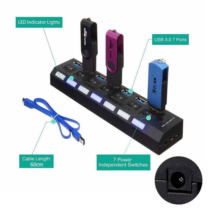 USB 3 0 Hub 7 Port Super Speed USB 3 Data Hub with Individual Power Switches 3