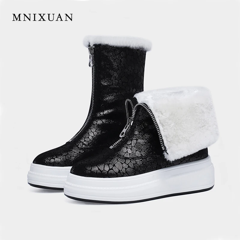 

MNIXUAN High quality snow boots women winter boots leather sheepskin with fur warm plush ankle boots zipper flat platform shoes