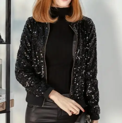 EORUTCIZ осенняя куртка размера плюс 5XL с блестками женская куртка с вышивкой Повседневная винтажная верхняя одежда выше размера Весенняя черная LM474 - Цвет: Черный