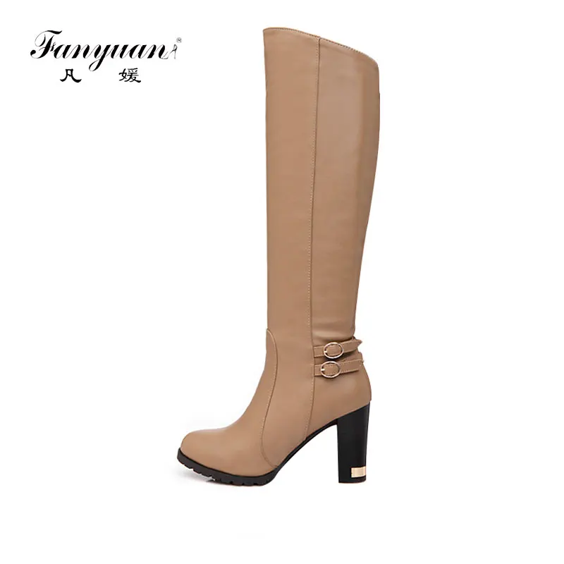 

Fanyuan Women Fashion Round Toe Square Heel Knee Boots Woman New Buckle Strap Knight Boots Lady Buckle Winter Shoes Footwear 43
