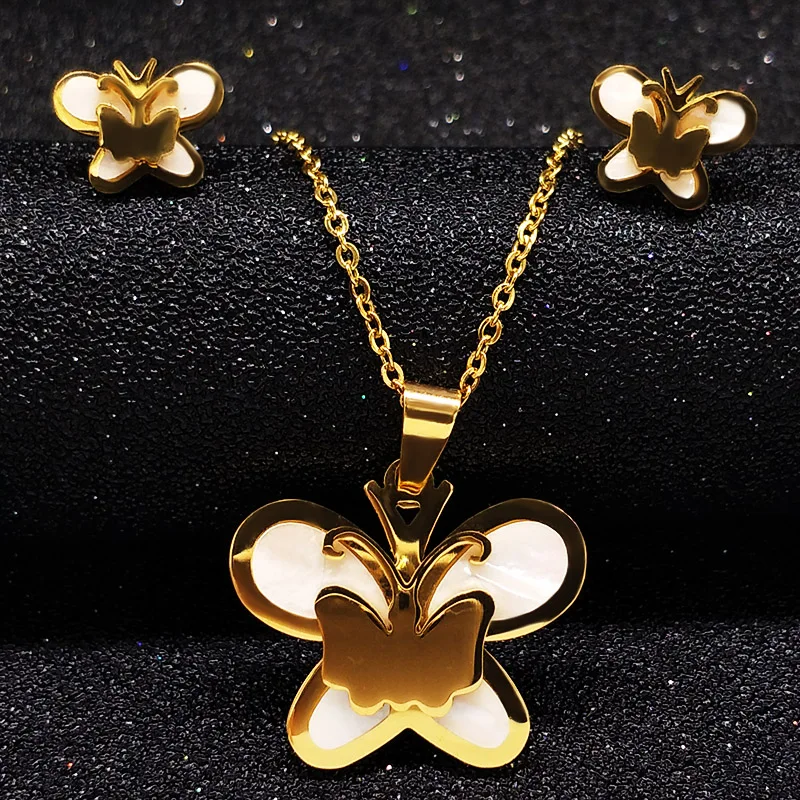 

2019 Fashion Shell Stainless Steel Butterfly Necklace Earring Set for Women Gold Color Costume Jewellery Set bisuteria S176165B