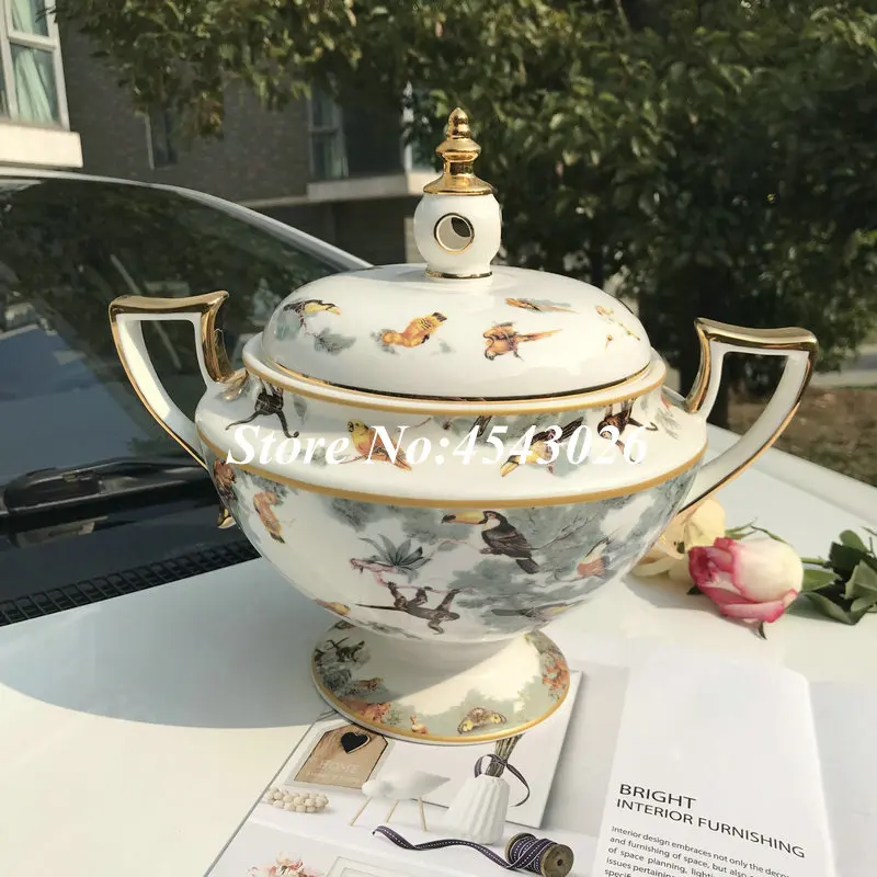 

European-style bone china soup pot Ceramic covered soup pot gold rim tureen High-end ceramic tableware