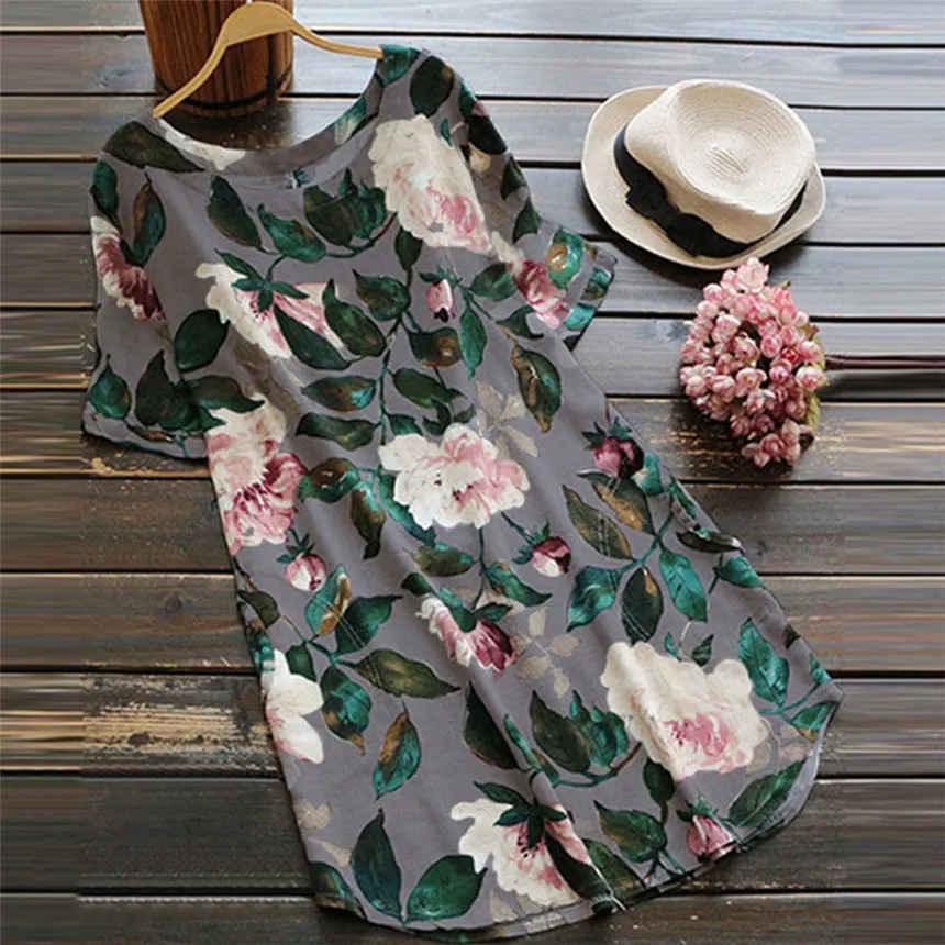 

JAYCOSIN 2019 Summer Women Dress Plus Size Lady Floral Print A-line Dress Summer O-neck Short-Sleeve Casual Beach Dress jun4