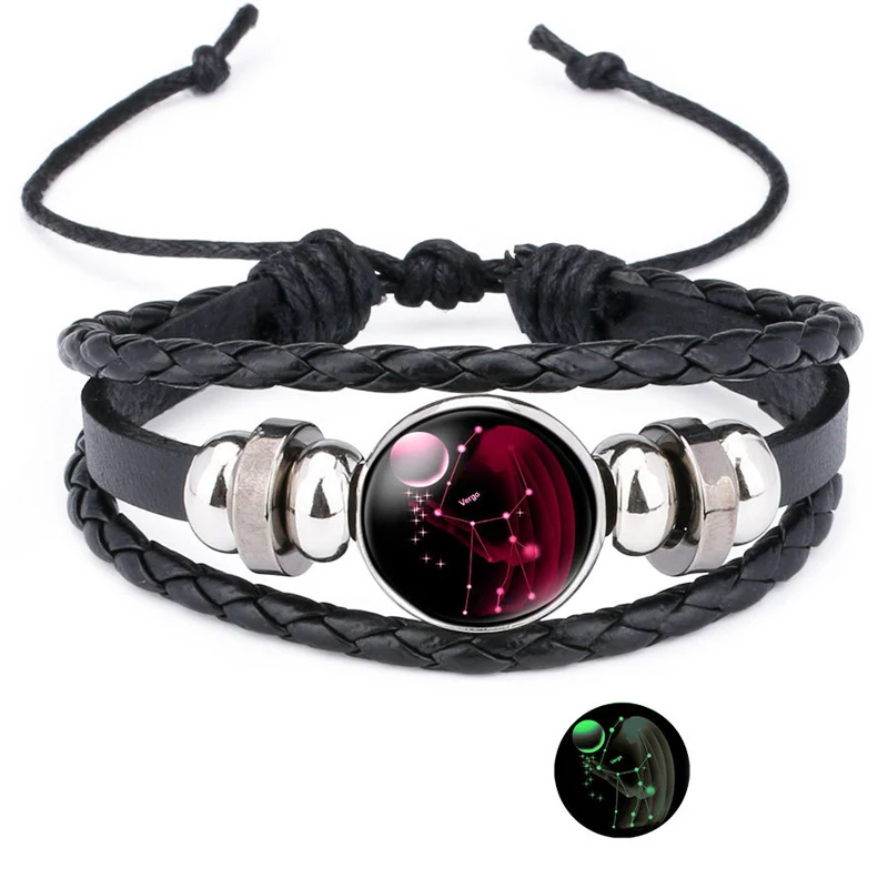 NIUYITID 12 Constellation Bracelet For Women Unisex Leather Jewelry Adjustable Luminous Universe Horoscope Male Boy Gift (15)