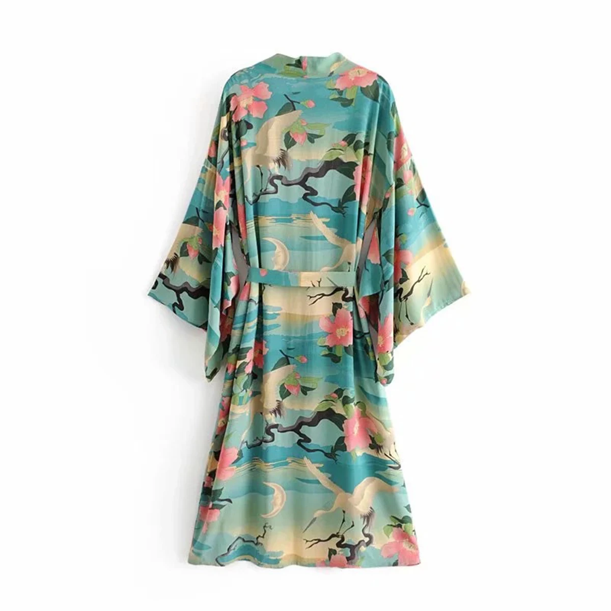 Jastie Green Floral Print Bird Women Jacket Cardigan Kimono Sleeve Loose Maxi Kimono Shirt 2018 Spring Summer Long Jackets Top