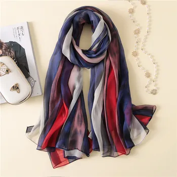 

2019 Spain Luxury Brand Ombre Striped Line Silk Shawl Scarf Women's Summer Sunscreen High Quality Plus Size Shawls And Hijabs