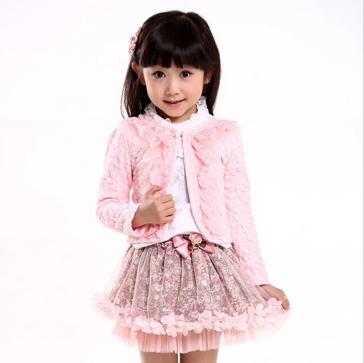

Fashion China Spring Autumn Pink And White Matching 3 Pieces Baby Girls Clothing Set Lace Flower Coat Skirt Set KS-1508