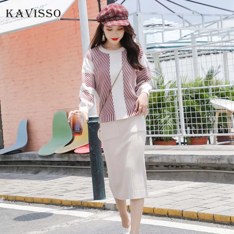 

KAVISSO 2018 new two piece set women autumn winter knited sweater skirt set ladies pullover warm top vs midi skirt matching sets