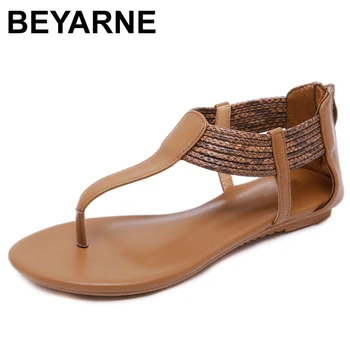 

BEYARNE 2019 New Bohemia Beading Sandals Women Flat With Flip Flops Summer Beach Shoes For Woman Solid ComfortableE565