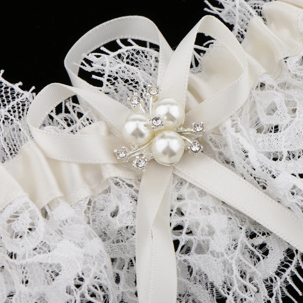 prettyia Bridal Wedding Pearls Bow Knot Lace Garter Wedding Dress Accessories for Wedding Fancy Party 