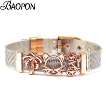 BAOPON новейший двухцветный сетчатый Браслет из нержавеющей стали, браслет с кокосовой пальмой, милый кот, очаровательные браслеты, прекрасный подарок для детей и женщин