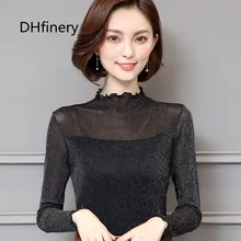 DHfinery/Серебристая шелковая футболка для женщин; сезон весна-осень; длинный рукав; воротник-стойка; плюс бархатная футболка; Черная теплая футболка; один размер; топы; H910