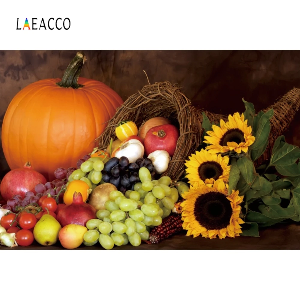

Laeacco Pumpkin Grape Sunflowers Basket Baby Thanksgiving Day Photo Background Customized Photographic Backdrop For Photo Studio